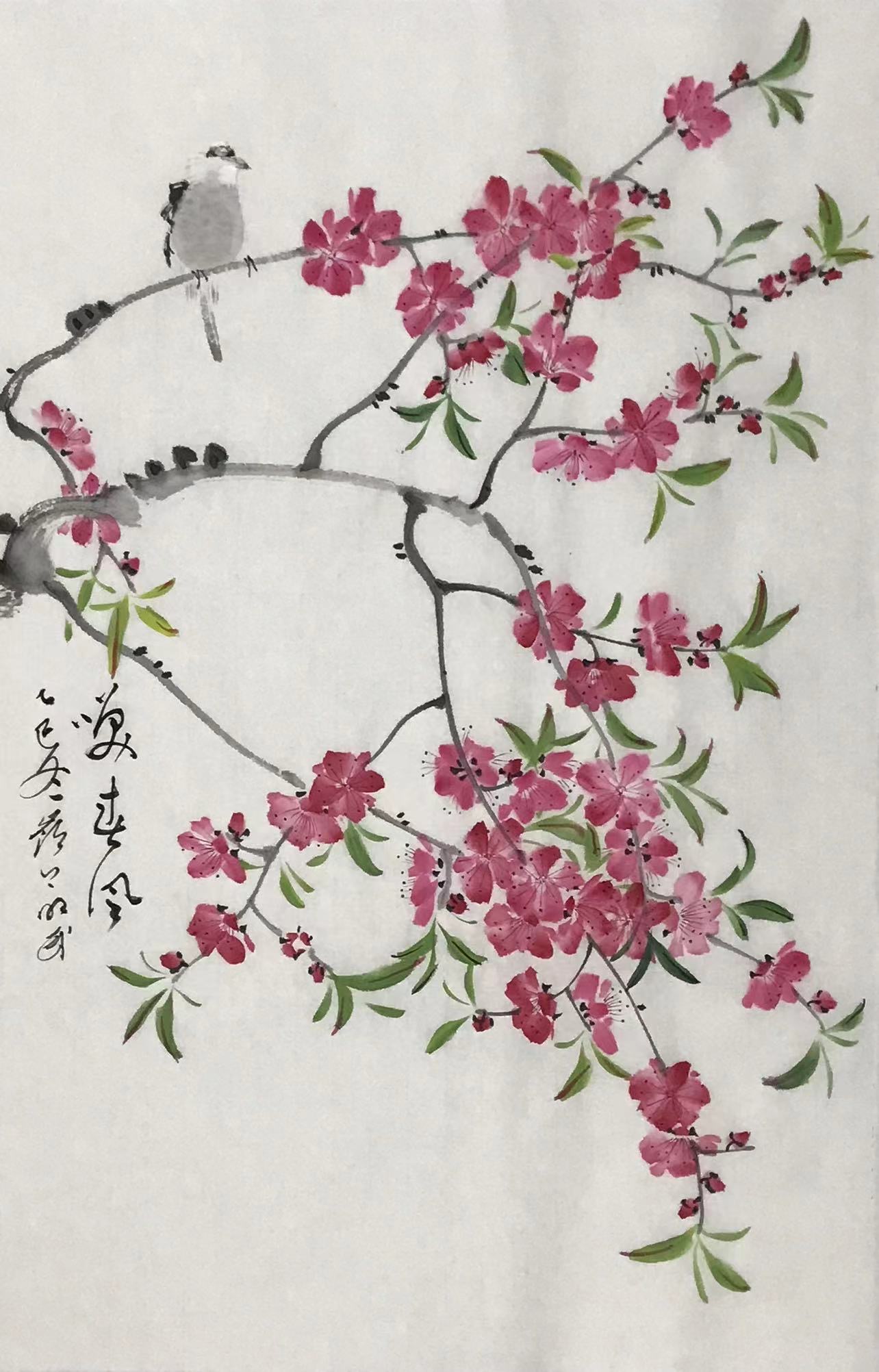 桃花⼩⻦图
