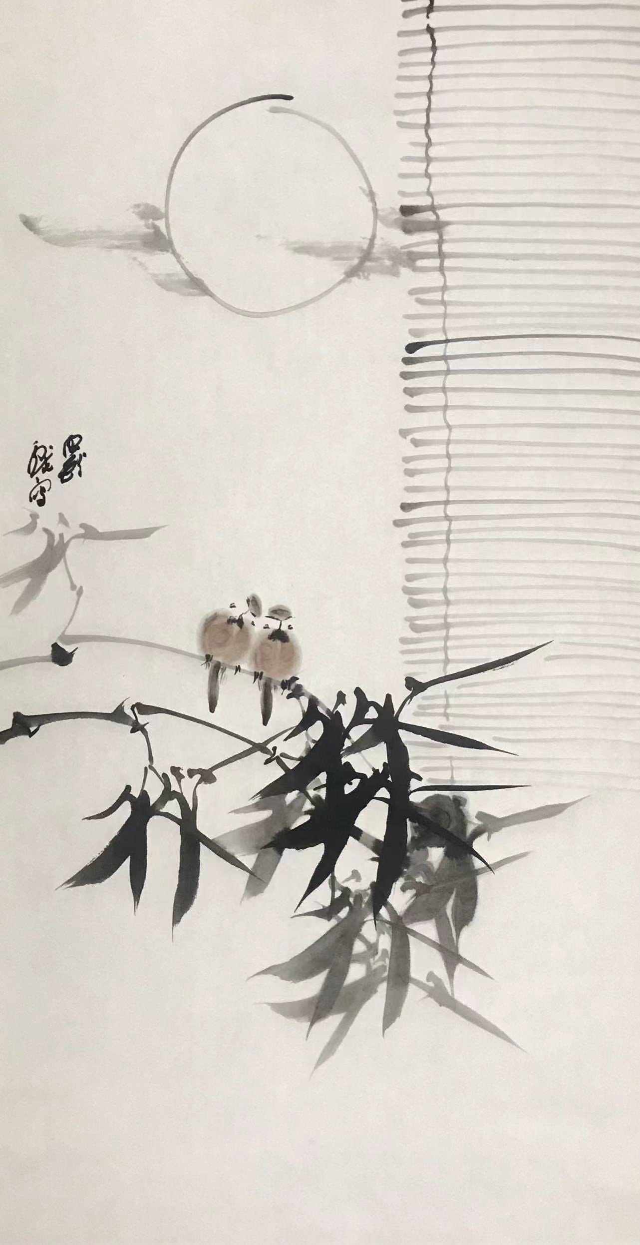 ⽉下⽵⻦图
